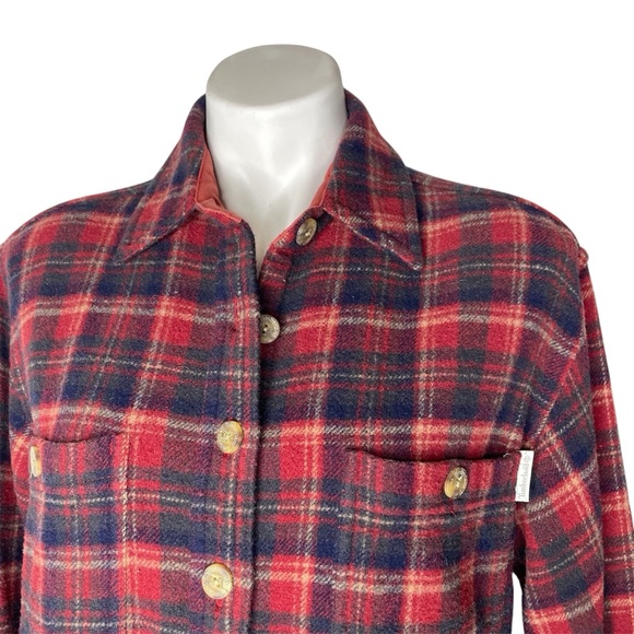 Timberland Wool Plaid Button Up Shirt M Red Black Tan Women’s Shacket - Picture 4 of 7
